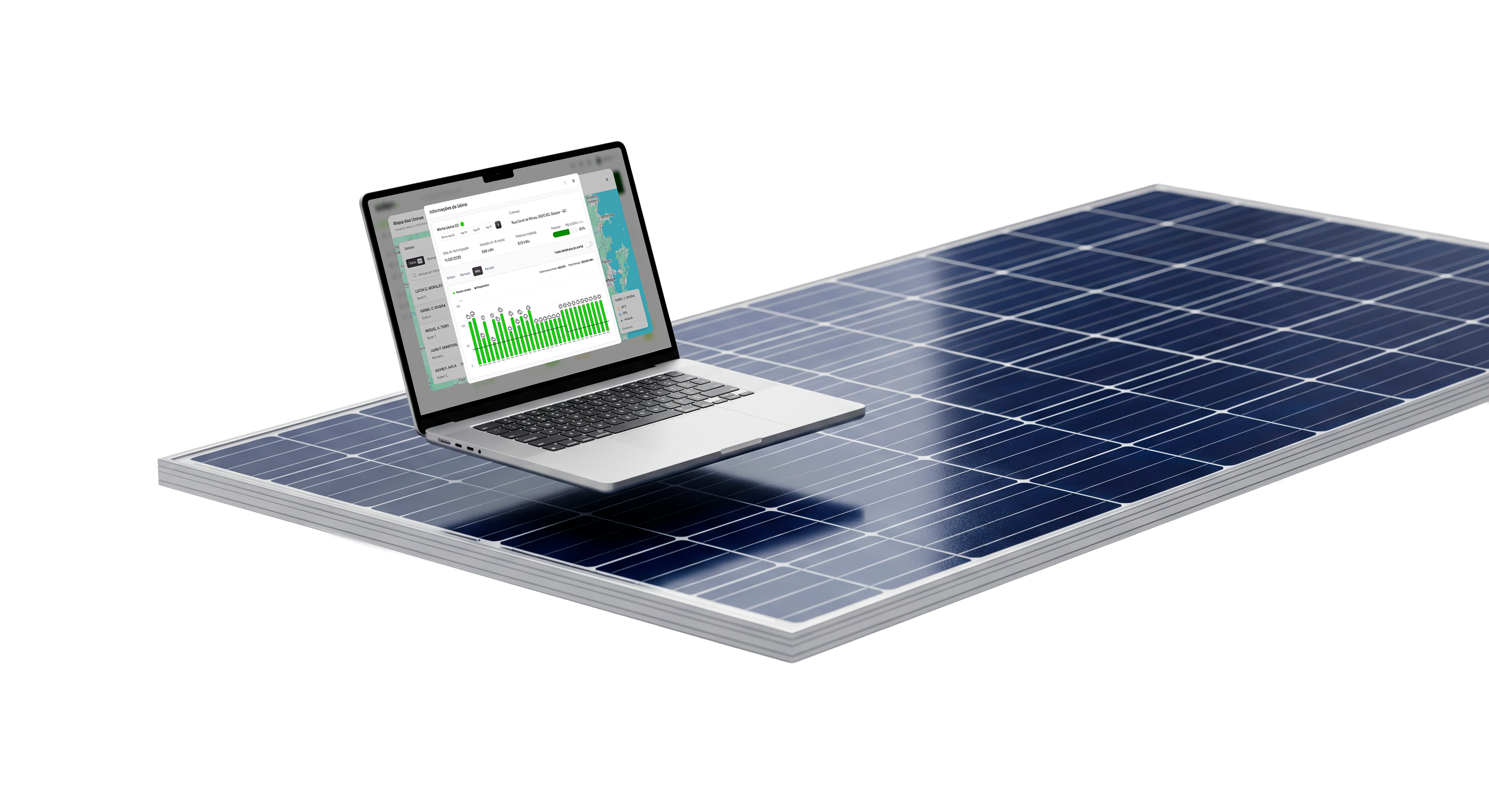 Laptop mostrando o dashboard de monitoramento da Solan IoT sobre um painel solar